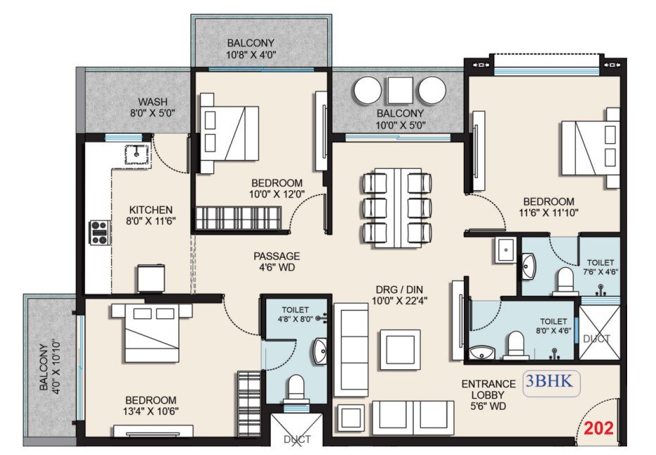 3BHK Floor Plan 1686 Sqft