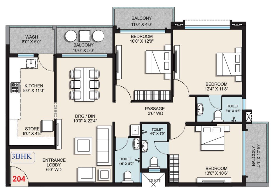 3BHK Floor Plan 1738 Sqft