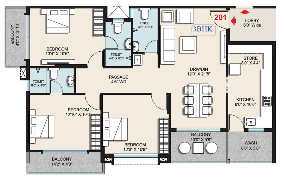3BHK Floor Plan 1744 Sqft