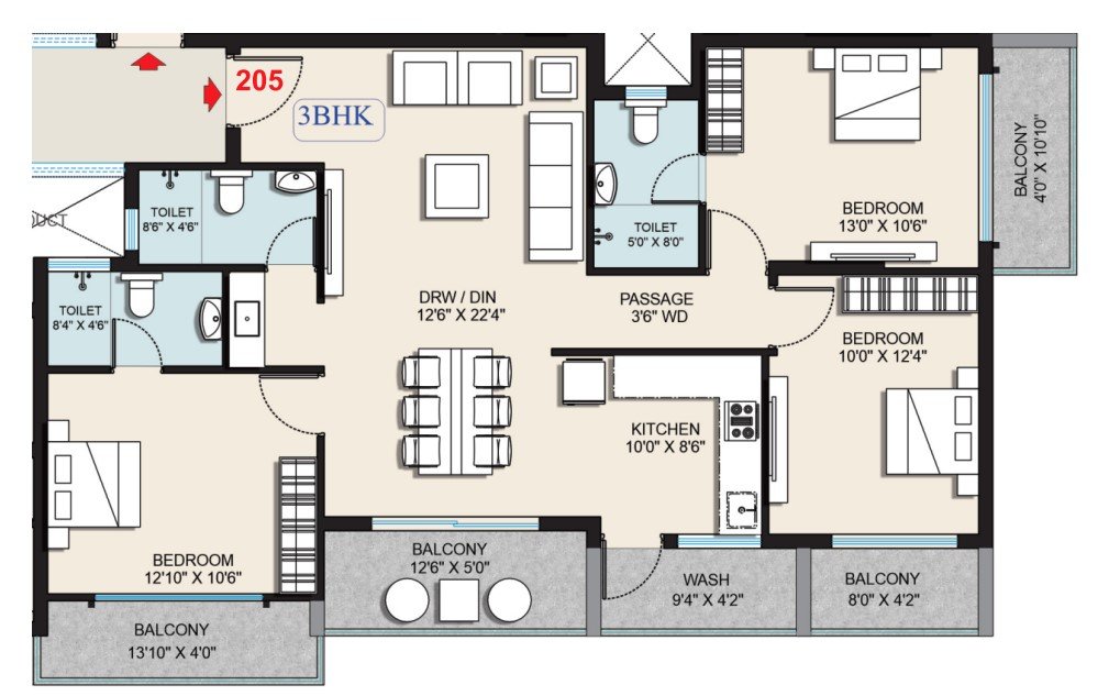 3BHK Floor Plan 1756 Sqft
