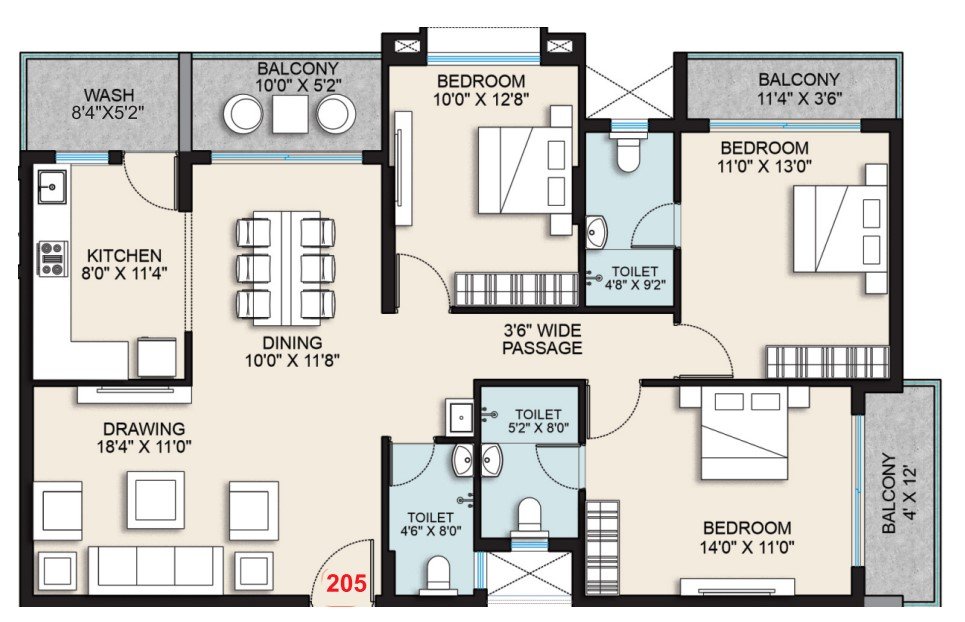3BHK Floor Plan 1842 Sqft