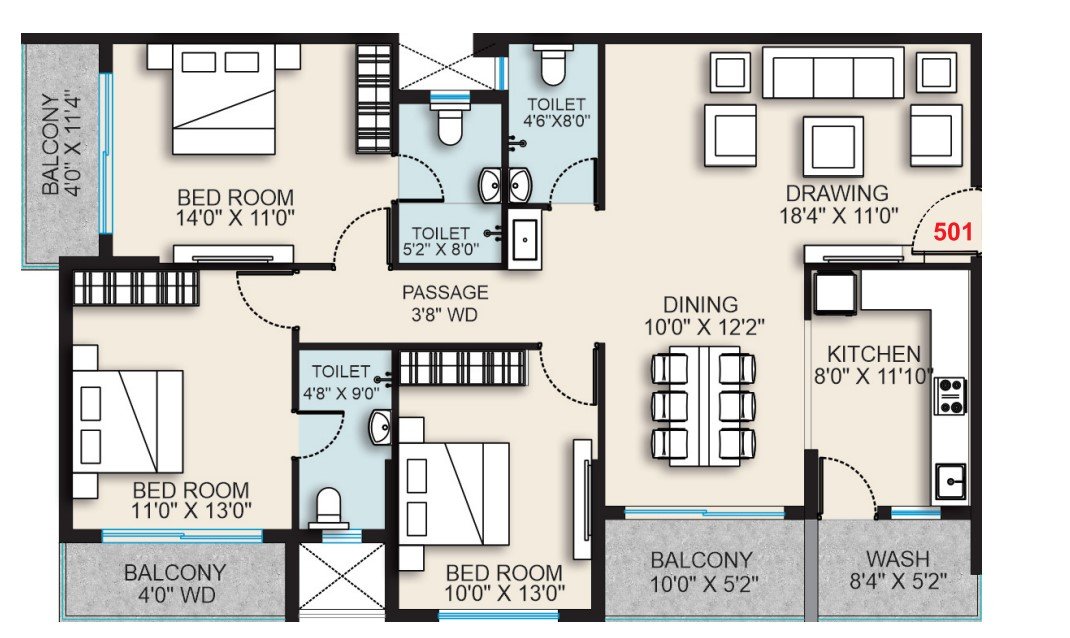 3BHK Floor Plan 1852 Sqft