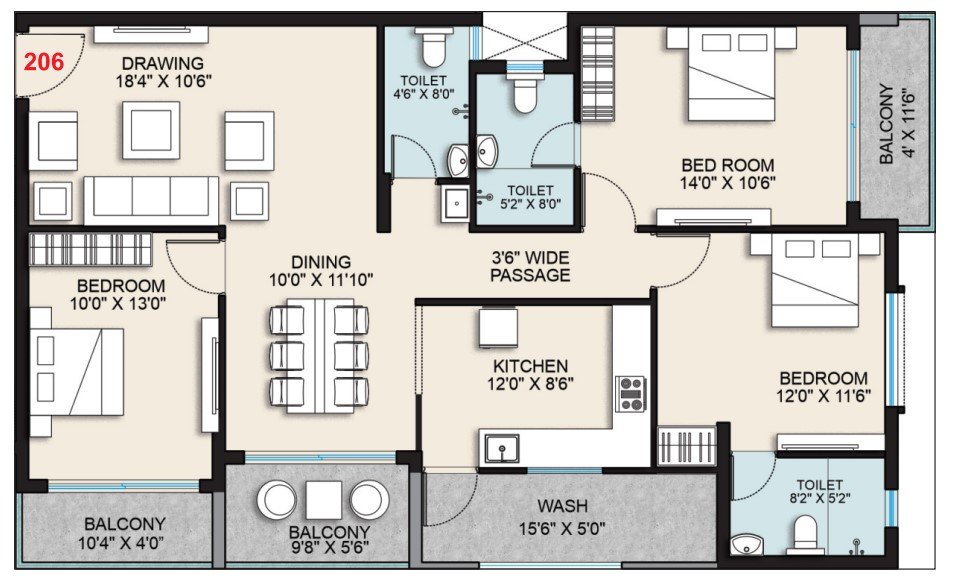 3BHK Floor Plan 1856 Sqft