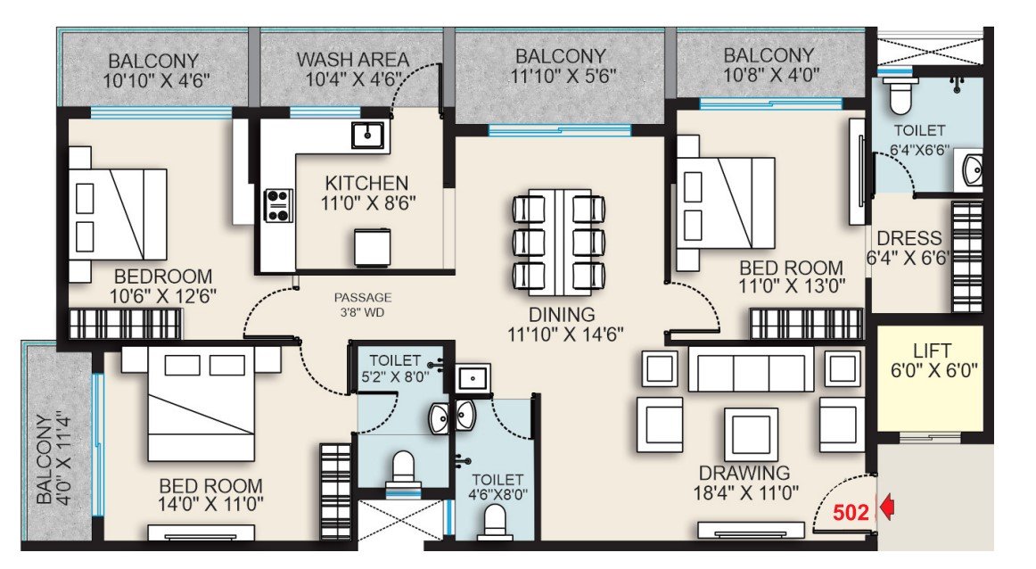 3BHK Floor Plan 2015 Sqft