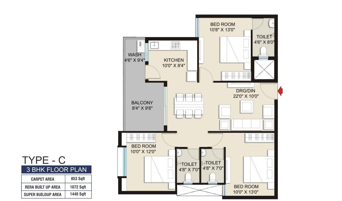 3BHK Floor Plan 1440 Sqft