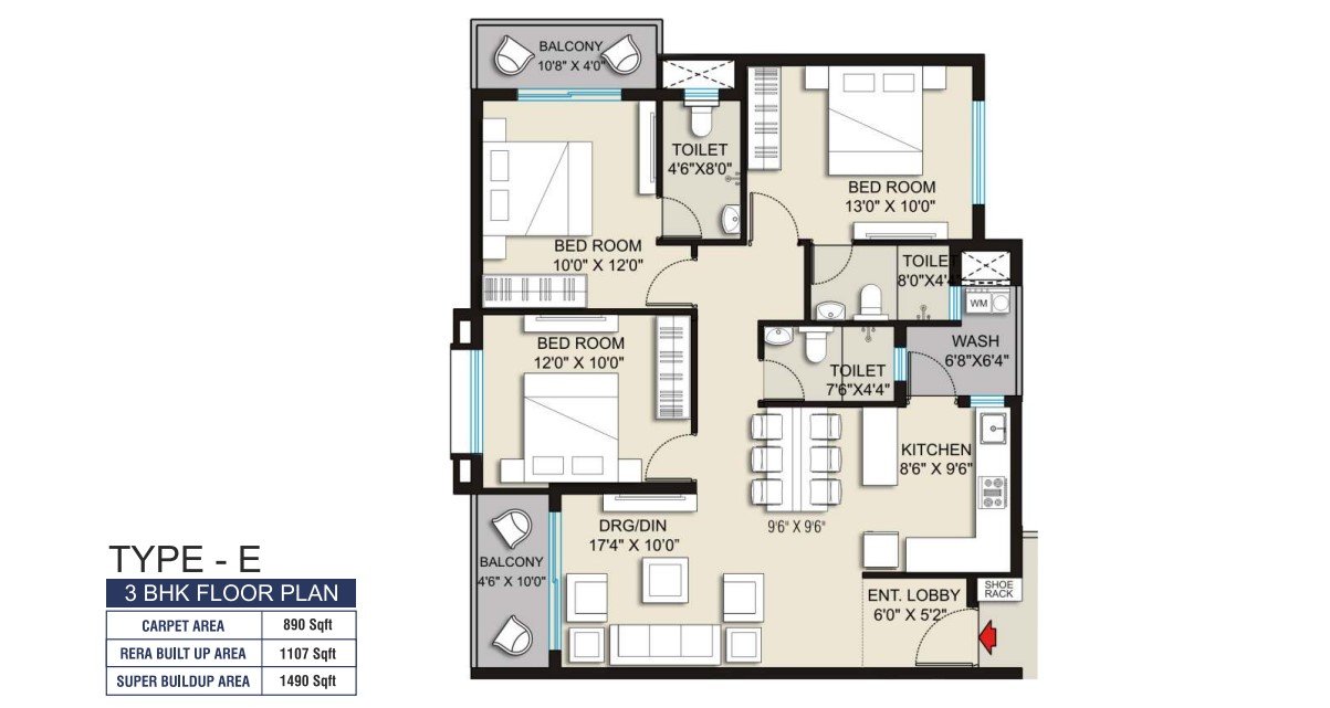 3BHK Floor Plan 1490 Sqft