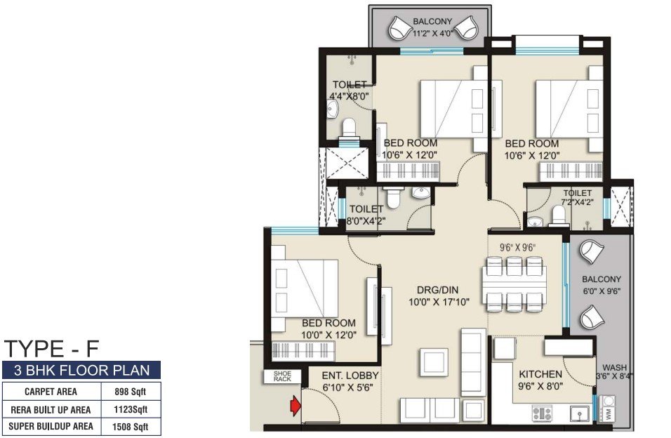 3BHK Floor Plan 1508 Sqft