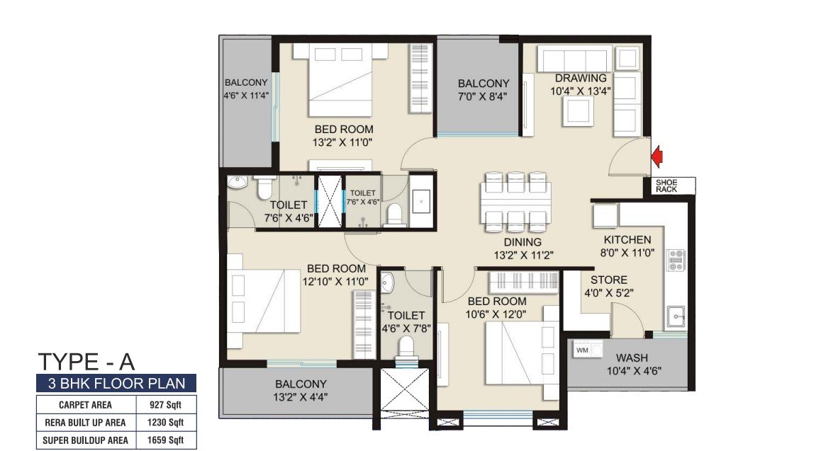 3BHK Floor Plan 1659 Sqft